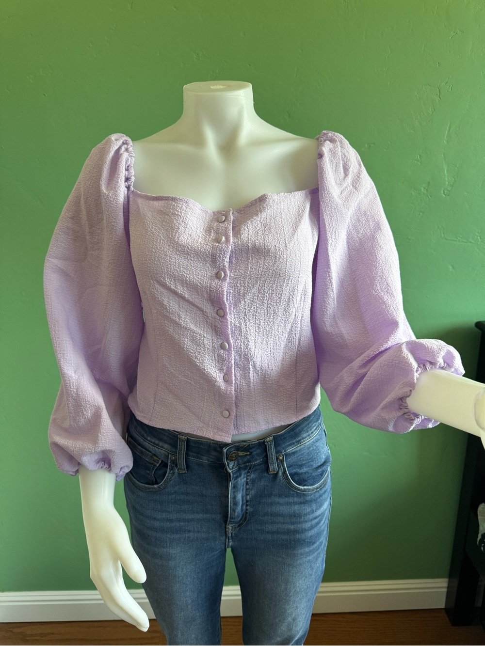 Shein Lavender Puff Sleeve Button-Down Blouse Sz Large
